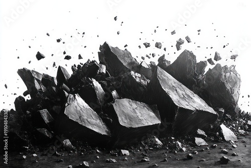 dramatic monochrome scene of jagged rock slabs shattering with flying debris and scattered rubble, a tense explosive moment over a stark white background