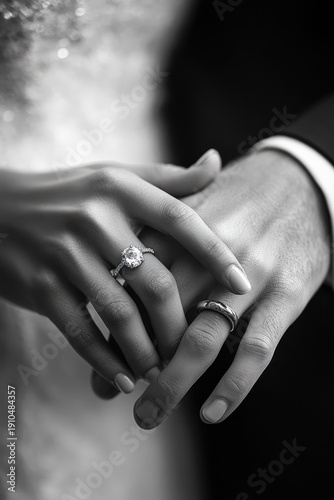 Bride and groom hands joined in a tender intimate touch showing a diamond engagement ring, wedding band, suit cuff and sparkling dress fabric in a black and white close-up