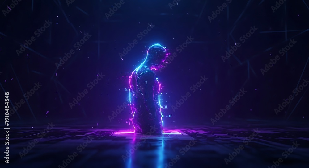 Fototapeta premium A digital human silhouette glowing with blue and purple neon lights in a dark space.