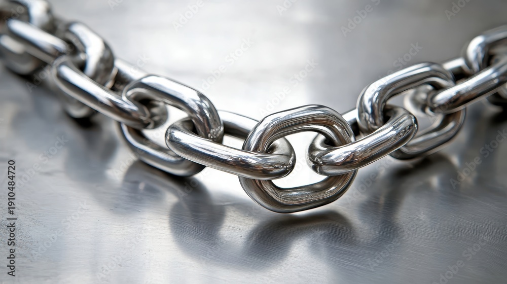 Fototapeta premium Close up of a strong gleaming silver metal chain with interlocking links forming a connected structure reflecting light on its polished surface