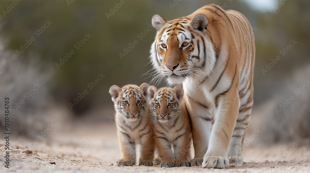 Fototapeta premium Tiger Family on the Prowl: A majestic tigress confidently leads her two playful cubs, their striped coats blending seamlessly with the natural backdrop, creating a moment of raw wildlife elegance.
