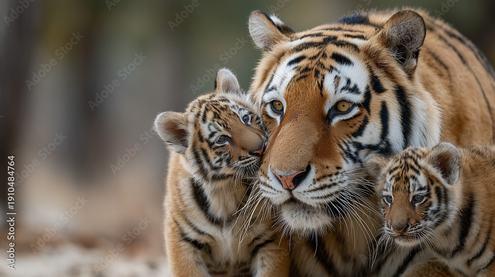 Obraz premium Tender tiger family moment: a majestic tigress shares a gentle moment with her two adorable cubs, showcasing the unconditional love within the wild.