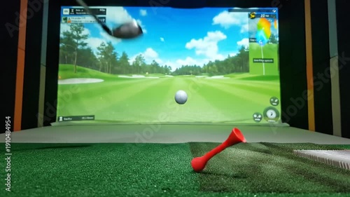 A golf club hovering above a golf ball, teed up on a red tee, against a green background