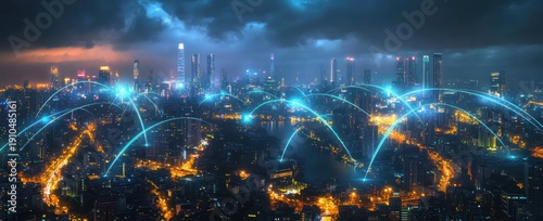 futuristic nighttime city skyline with glowing network arcs linking skyscrapers over a river under stormy clouds, vibrant illuminated streets and a dynamic connected energy