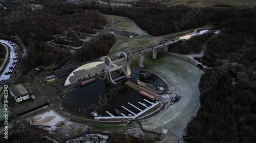 Experience the breathtaking aerial view of the Falkirk Wheel and its lush surroundings in Scotland