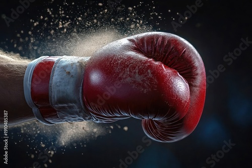 Red boxing glove striking with explosive dust and raw power, close-up capture conveying impact and intensity
