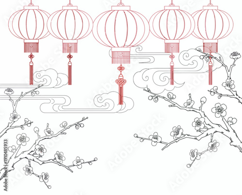Four red lanterns hanging from branches with blossoms in a serene environment viewed from the front