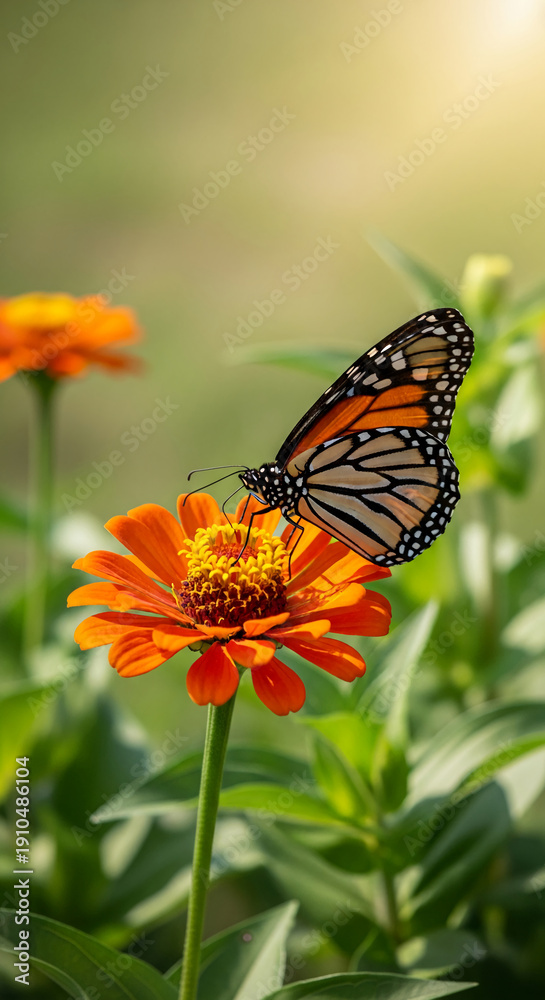 Obraz premium Monarch butterfly perched on a bright orange flower, showcasing its wing detail. It represents nature's cycle and symbiotic relationship between species