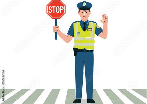 A traffic police officer in a blue uniform and yellow reflective vest holding a stop sign and waving with his other hand