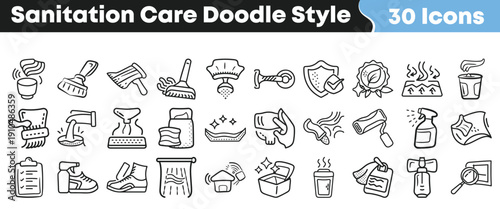 Collection of thirty hand drawn doodle style icons representing various cleaning sanitation care and hygiene activities for design projects