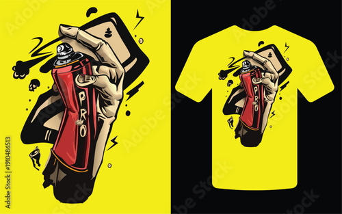 A vibrant graphic design featuring a hand spraying paint showcased on a bright yellow t shirt mockup