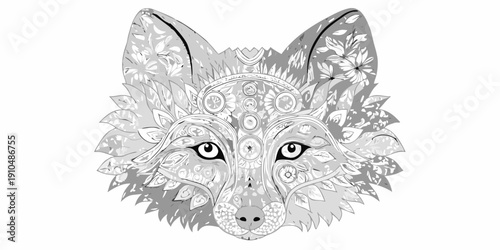 Intricate floral fox head illustration in grayscale a detailed zen design