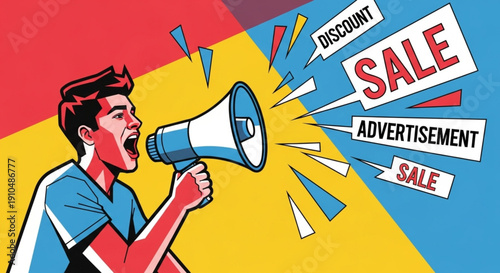 High-contrast pop art illustration of a man shouting through a megaphone with bold "SALE" and "DISCOUNT" text bubbles on a colorful background.