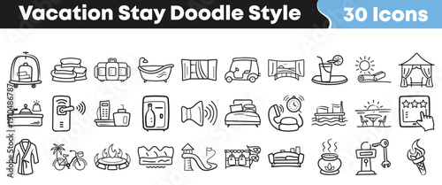 Collection of thirty hand drawn doodle style icons representing various vacation stay amenities travel services and leisure activities