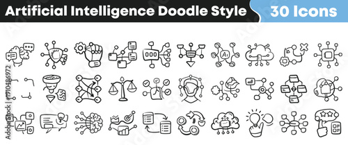 Collection of thirty hand drawn artificial intelligence doodle style icons representing machine learning neural networks and complex algorithms