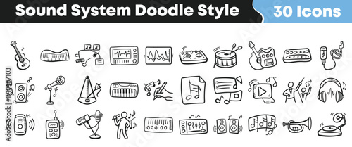 Collection of thirty unique sound system and music related doodle style icons perfect for creative audio and entertainment projects