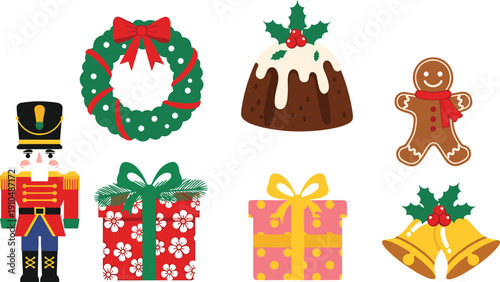 Christmas-themed featuring a nutcracker soldier, wreath, pudding, gingerbread man, wrapped gifts, and bells
