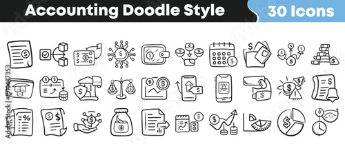 A collection of thirty hand drawn doodle style icons representing various concepts related to finance accounting money and banking systems