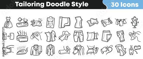 Thirty black and white doodle style icons illustrating various tailoring processes garment making and sewing related tools are clearly depicted