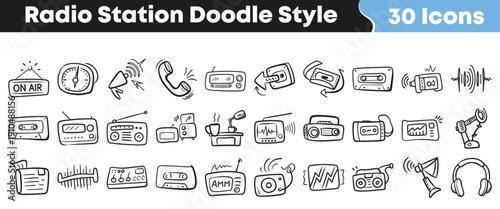 A collection of thirty charming hand drawn doodle style icons representing various elements of a radio station broadcast and audio recording equipment.