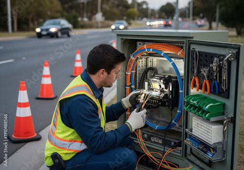 Telecom engineer connects fiber optics in a cabinet with safety cones nearby, ensuring seamless communication services
