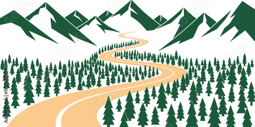 Snowy Mountain Landscape with Winding Road and Dense Forest of Evergreen Trees snowy mountains