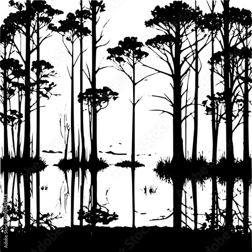 A black silhouette of trees standing in a body of water on transparent background
