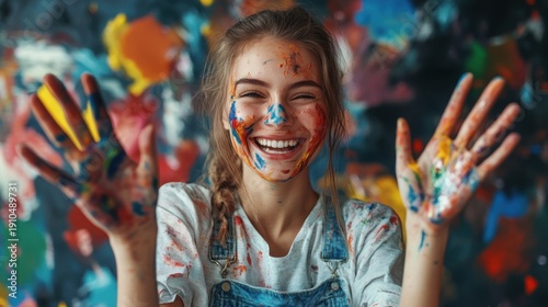 Expressive young artist covered in paint radiates joy and creative spirit
