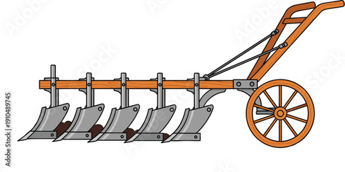 Wooden and metal plow with multiple blades and a large wheel for agricultural use farming tool