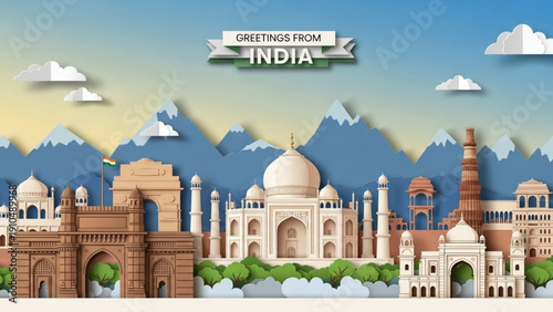 A wide panoramic paper-cut illustration of Indian landmarks with the national flag and the Himalayan mountain range in the background.