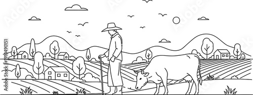 A black and white illustration of a rural landscape with a cow isolated on transparent background