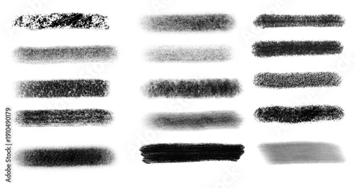 Black isolated lines, charcoal and graphite strokes of varying texture with different shading on a white background. Vector illustrations of lines.