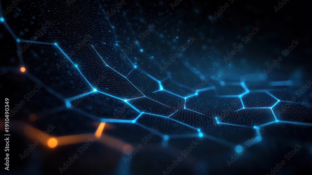 Fototapeta premium glowing blue hexagonal mesh stretching across a dark digital surface with scattered orange highlights, evoking a mysterious futuristic high-tech atmosphere