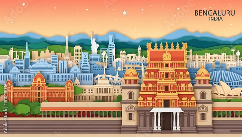 Vibrant multi-colored paper-cut illustration of Bengaluru city featuring Vidhana Soudha and temples against a mountain and sunset backdrop.