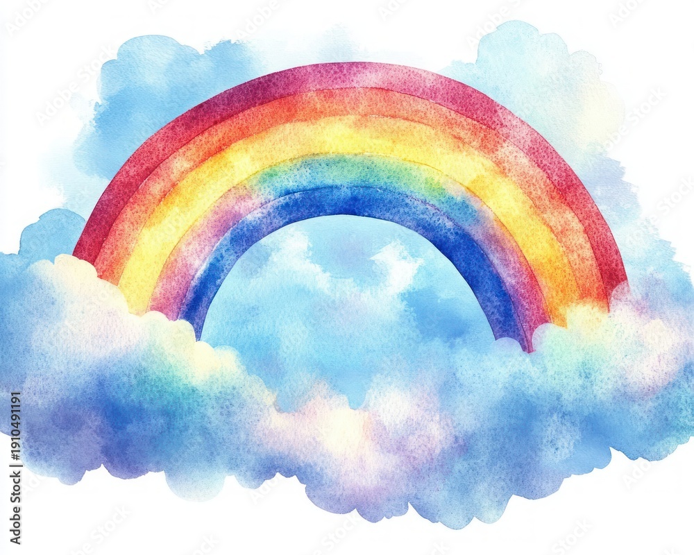 Obraz premium watercolor rainbow arching above and through soft blue clouds, bright sky, joyful and serene mood