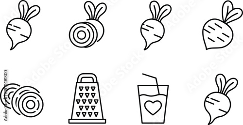 Beetroot Line Icon Set, Organic Root Vegetable Outline Collection with Slices, Grater and Fresh Juice Glass, Minimal Black Vector Illustration