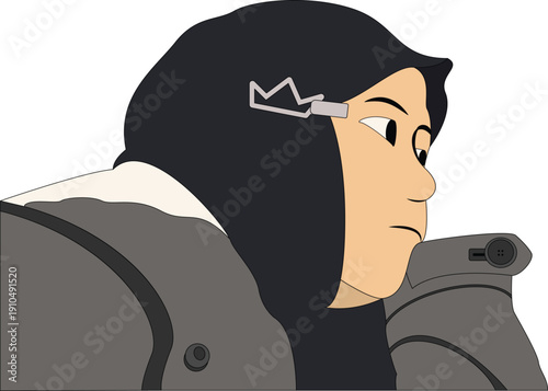 Muslim Woman in Hijab Wearing Jacket with Crown Hairpin Illustration