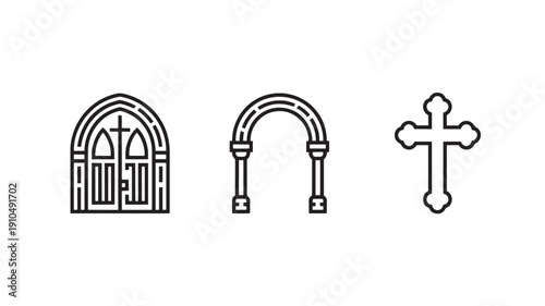 Christian symbols in minimalist line art with simple shapes and white background for religious iconography