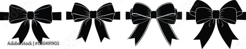 A collection of four detailed black silhouette vector illustrations of elegant gift wrapping bows displayed in a horizontal row against a white background for celebration.