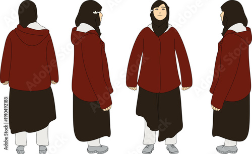 Woman in Red Hooded Jacket Hijab Girl Character Design for Animation
