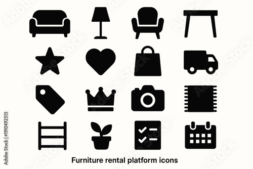 Furniture rental platform icons: sofa, lamp, chair, desk, star, heart, bag, truck, tag, crown, camera, pillow, ladder, plant, checklist, calendar