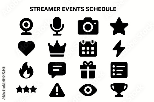 Streamer events schedule: camera, microphone, calendar, icons for streaming setup