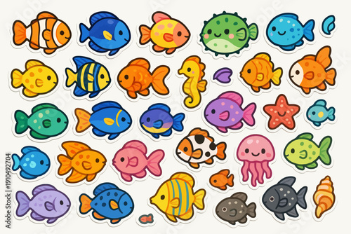 Colorful cartoon sea creatures collection with fish, seahorse, jellyfish, and starfish