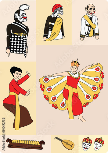 Indonesian Traditional Culture Illustration Set Javanese Dancers, Puppet Characters, and Gamelan Instruments