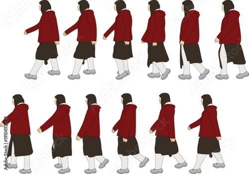 Muslim Hijab Character Woman Walk Cycle Animation Sequence