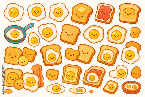 Cute kawaii breakfast pattern with smiling eggs and toast