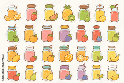 Colorful assorted fruit jars with cute fruit illustrations