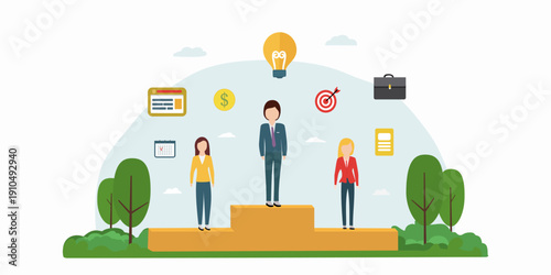 A team business success and achievement with symbols of growth, ideas and goals. Vector illustration victory and strategic planning Concepts of career advancement, financial prosperity, and innovation