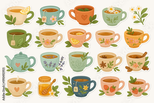 Colorful assorted teacups with floral and herb designs, featuring teapots and honey jar