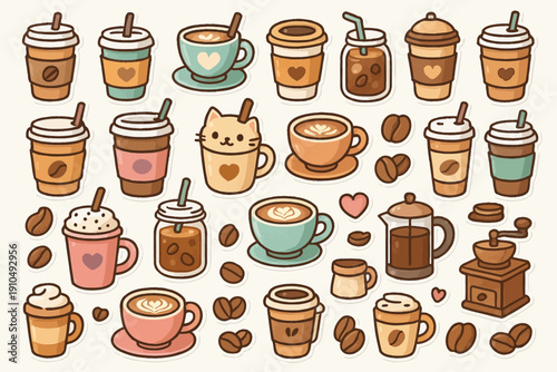 Cute coffee cups and beans illustration with various designs and colors
